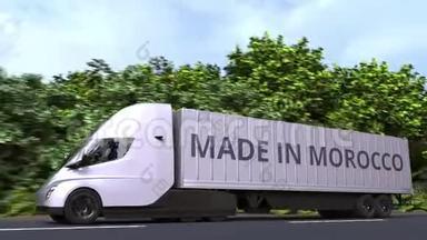 现代电动半挂车卡车与MADE在MOROC CO文本在一边.. 摩洛哥进出口相关可循环3D